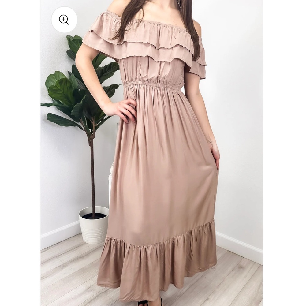 Off-Shoulder Ruffle Maxi Dress - Taupe